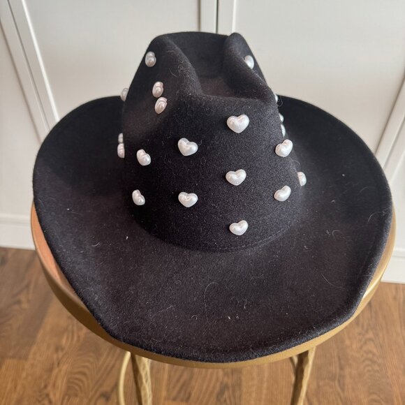 NWT Anthropologie Heart Pearls Rancher wool hat Black - Picture 2 of 5